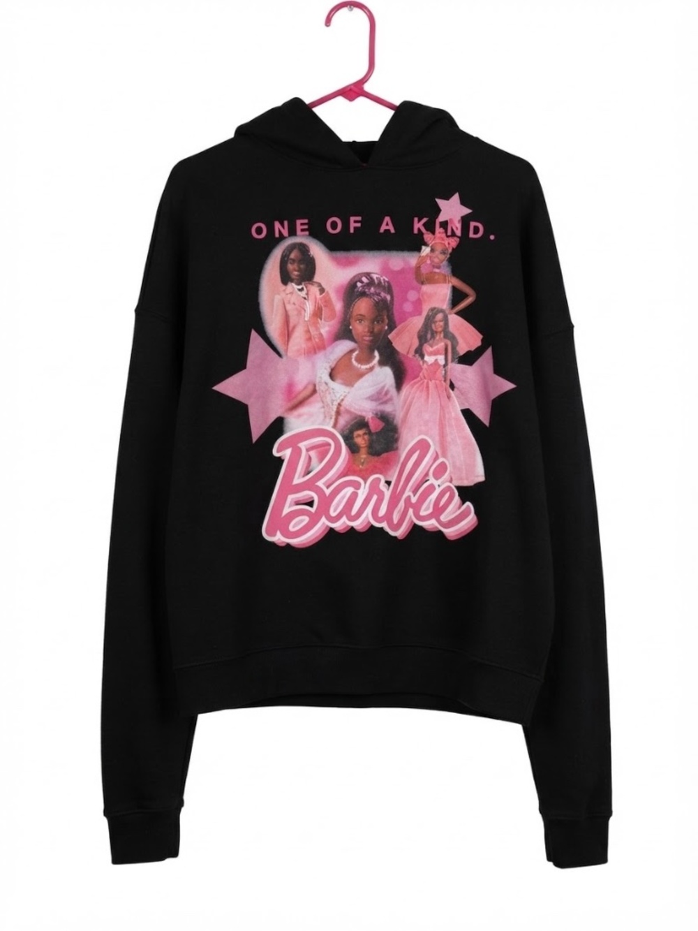 Barbie Women’s Black Pink Oversized Logo Pullover Hoodie Fleece Cotton Blend M